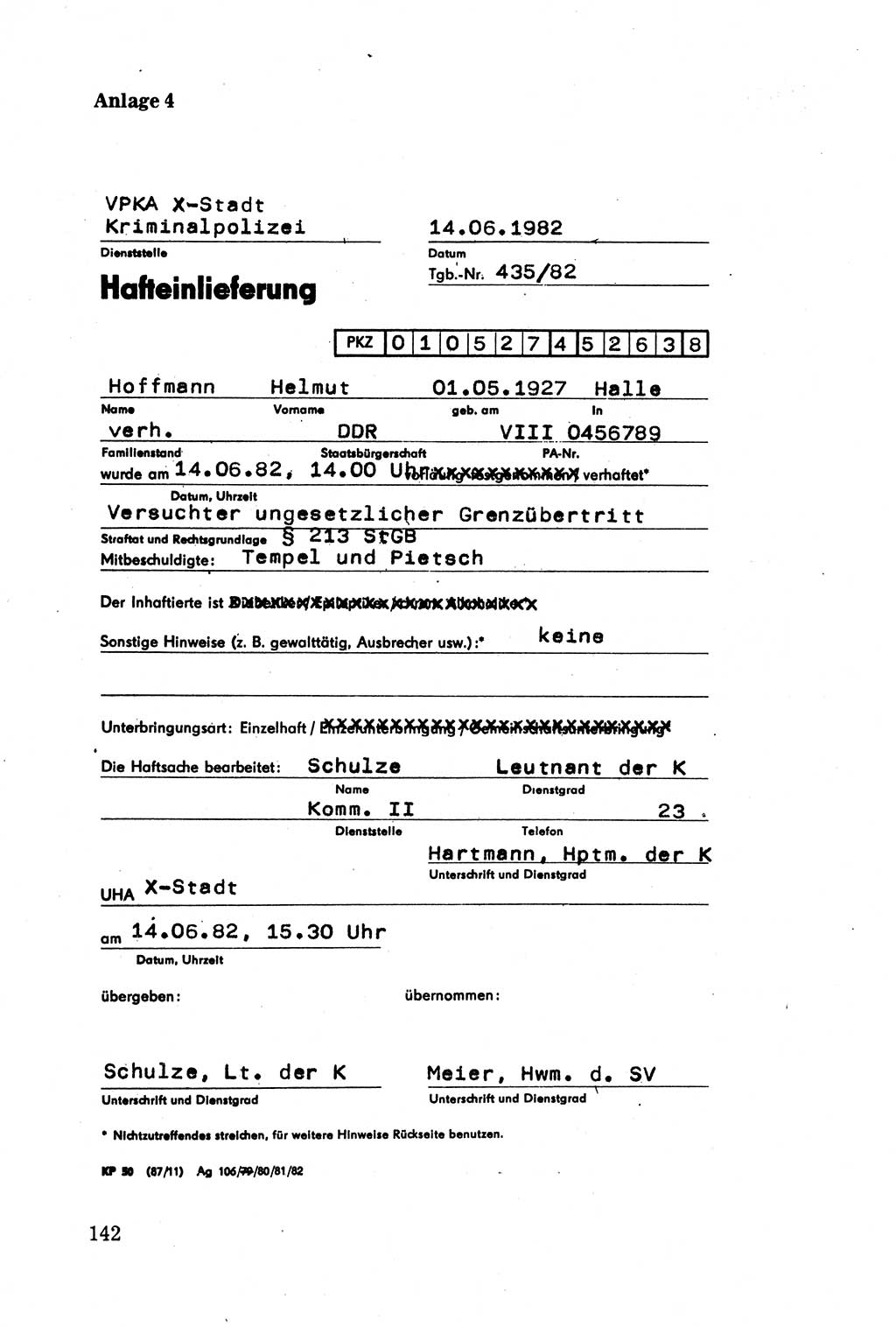 Strafprozessuale und taktisch-methodische Grundfragen der Freiheitsentziehung im Ermittlungsverfahren [Deutsche Demokratische Republik (DDR)] 1982, Seite 142 (Strafproz. Grundfr. EV DDR 1982, S. 142)