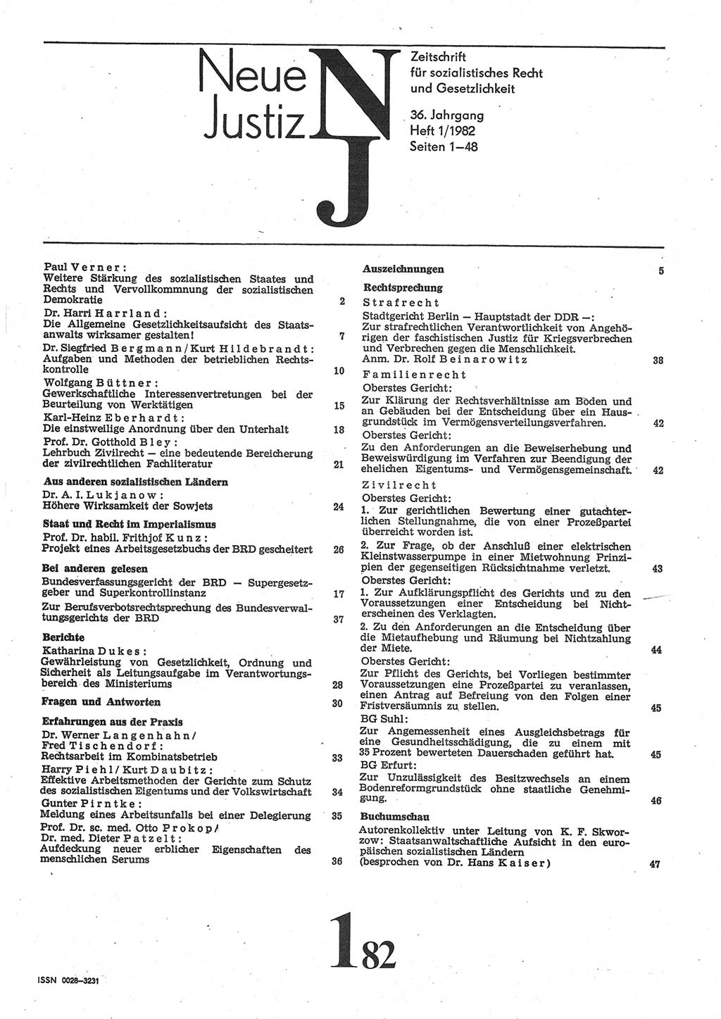 Neue Justiz (NJ), Zeitschrift für sozialistisches Recht und Gesetzlichkeit [Deutsche Demokratische Republik (DDR)], 36. Jahrgang 1982, Seite 1 (NJ DDR 1982, S. 1)