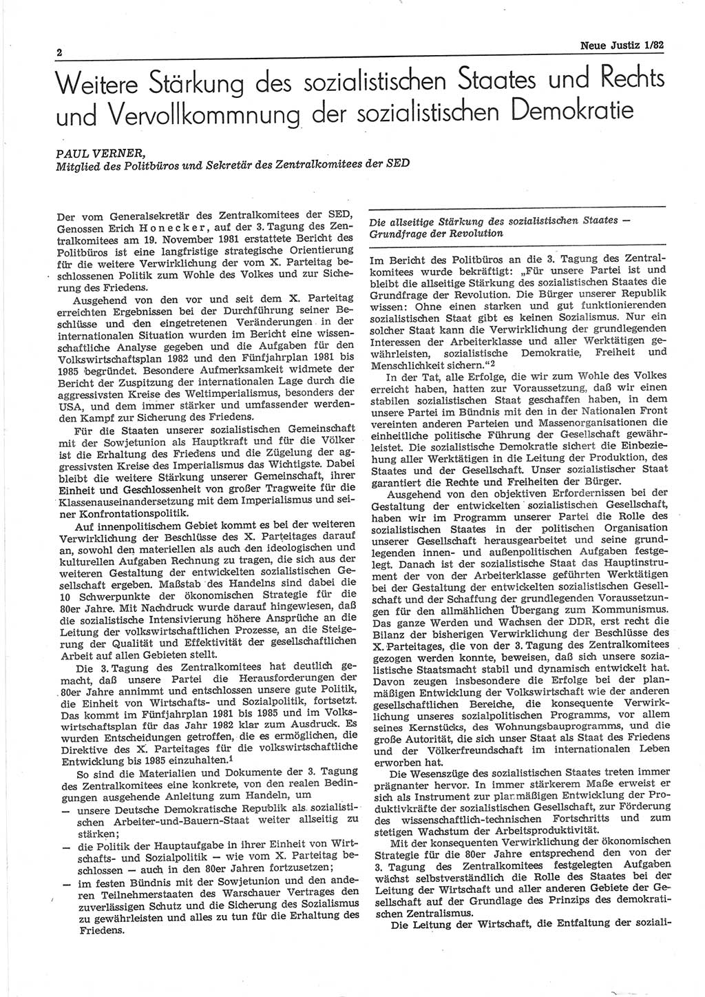 Neue Justiz (NJ), Zeitschrift für sozialistisches Recht und Gesetzlichkeit [Deutsche Demokratische Republik (DDR)], 36. Jahrgang 1982, Seite 2 (NJ DDR 1982, S. 2)