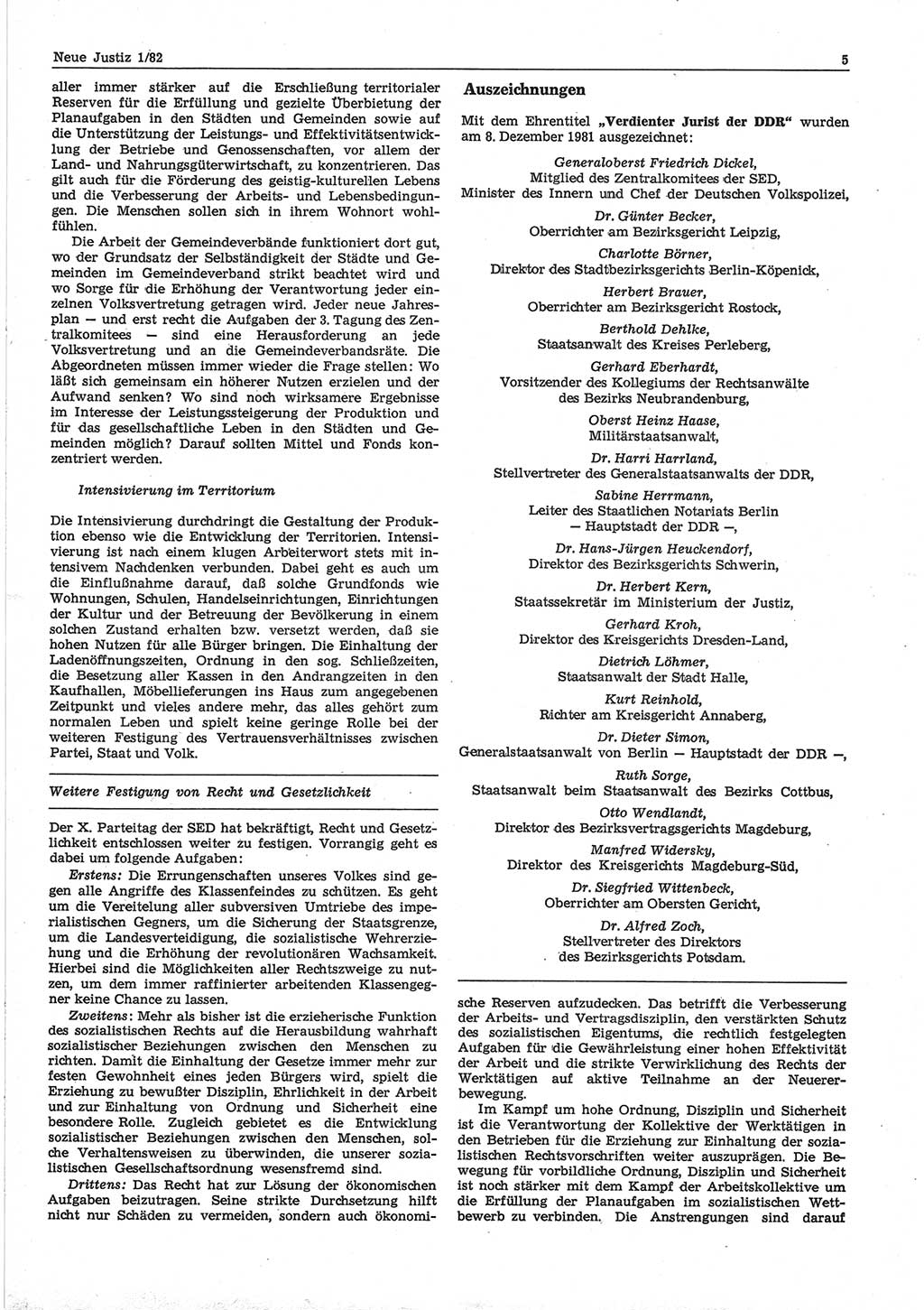 Neue Justiz (NJ), Zeitschrift für sozialistisches Recht und Gesetzlichkeit [Deutsche Demokratische Republik (DDR)], 36. Jahrgang 1982, Seite 5 (NJ DDR 1982, S. 5)