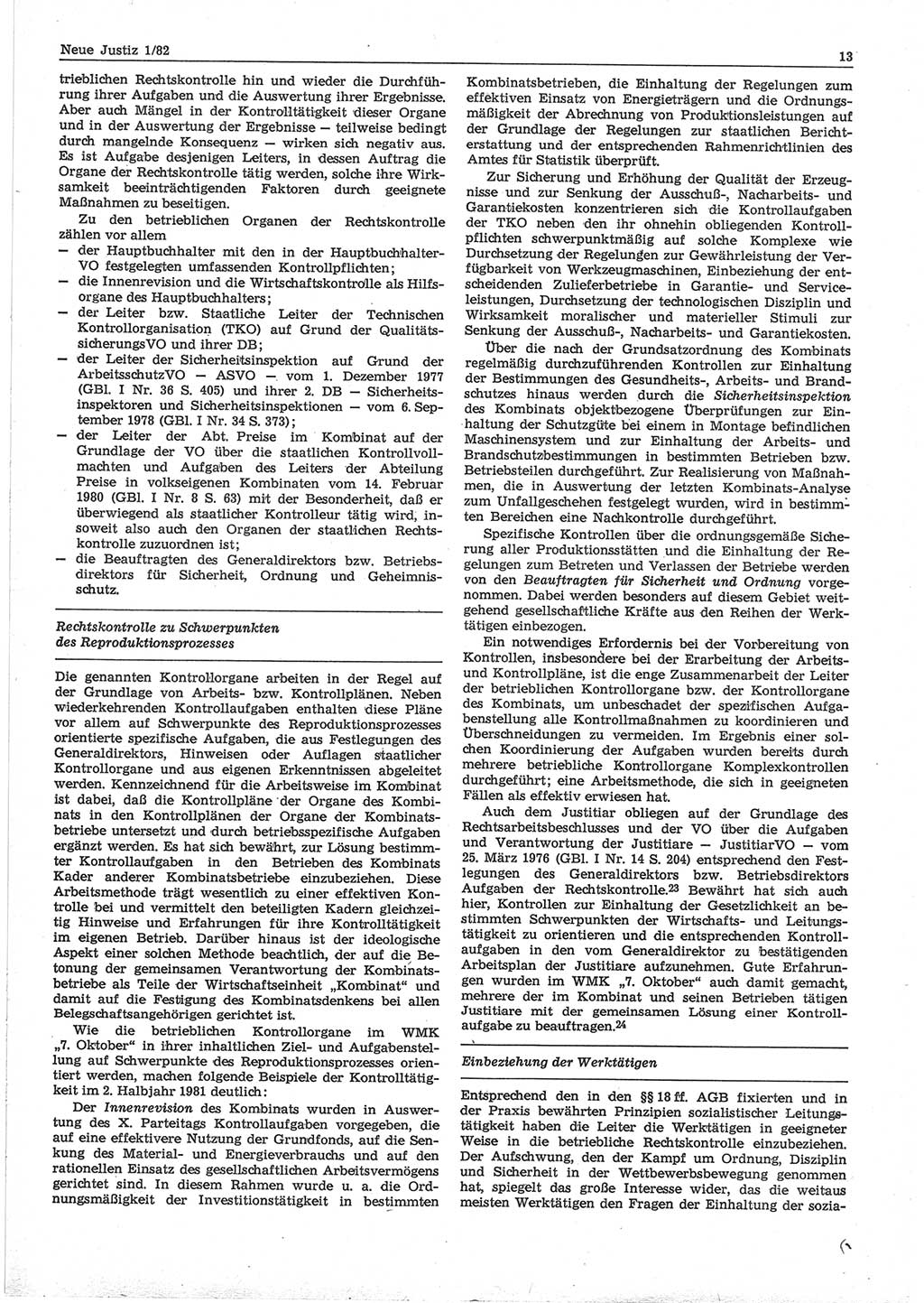 Neue Justiz (NJ), Zeitschrift für sozialistisches Recht und Gesetzlichkeit [Deutsche Demokratische Republik (DDR)], 36. Jahrgang 1982, Seite 13 (NJ DDR 1982, S. 13)