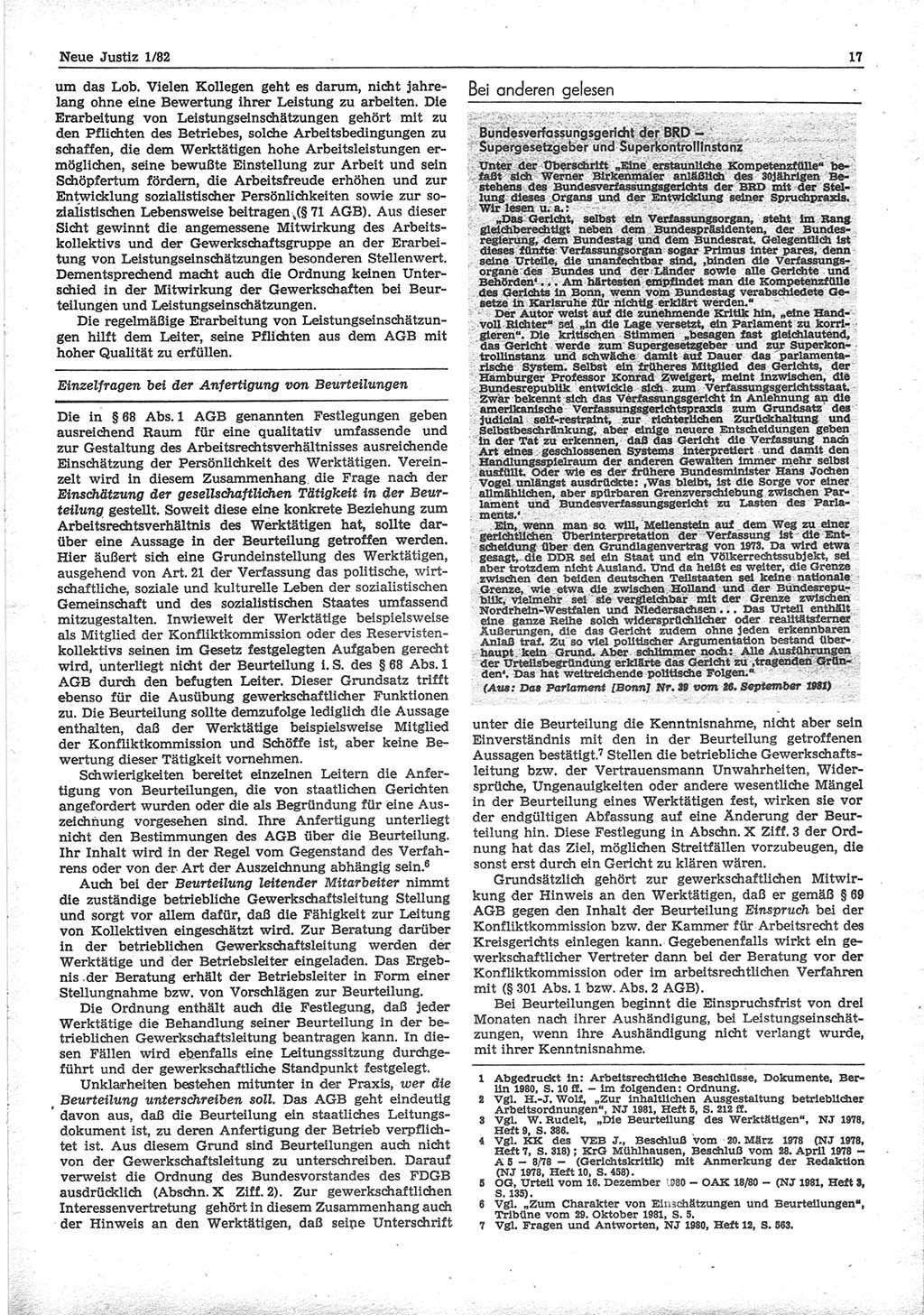 Neue Justiz (NJ), Zeitschrift für sozialistisches Recht und Gesetzlichkeit [Deutsche Demokratische Republik (DDR)], 36. Jahrgang 1982, Seite 17 (NJ DDR 1982, S. 17)