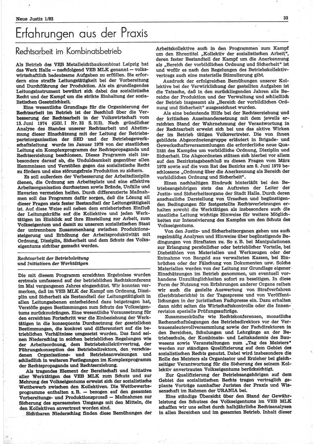 Neue Justiz (NJ), Zeitschrift für sozialistisches Recht und Gesetzlichkeit [Deutsche Demokratische Republik (DDR)], 36. Jahrgang 1982, Seite 33 (NJ DDR 1982, S. 33)