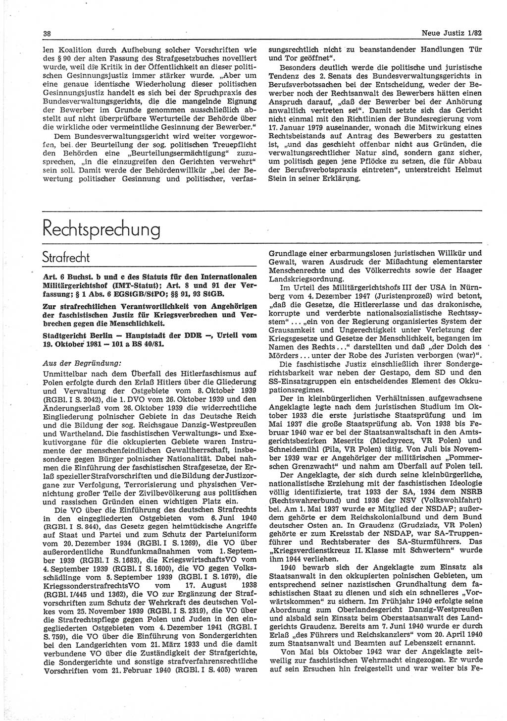 Neue Justiz (NJ), Zeitschrift für sozialistisches Recht und Gesetzlichkeit [Deutsche Demokratische Republik (DDR)], 36. Jahrgang 1982, Seite 38 (NJ DDR 1982, S. 38)