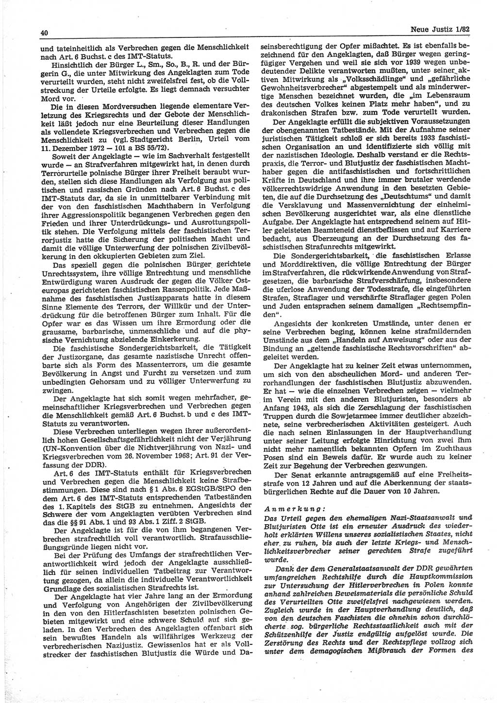 Neue Justiz (NJ), Zeitschrift für sozialistisches Recht und Gesetzlichkeit [Deutsche Demokratische Republik (DDR)], 36. Jahrgang 1982, Seite 40 (NJ DDR 1982, S. 40)