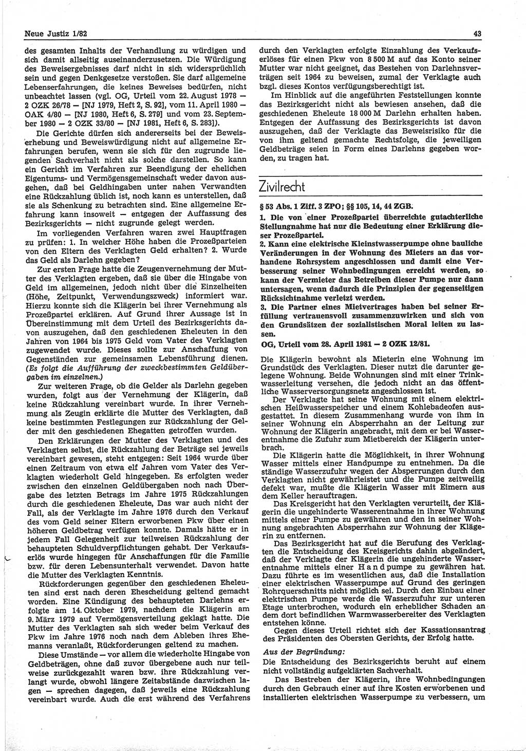 Neue Justiz (NJ), Zeitschrift für sozialistisches Recht und Gesetzlichkeit [Deutsche Demokratische Republik (DDR)], 36. Jahrgang 1982, Seite 43 (NJ DDR 1982, S. 43)