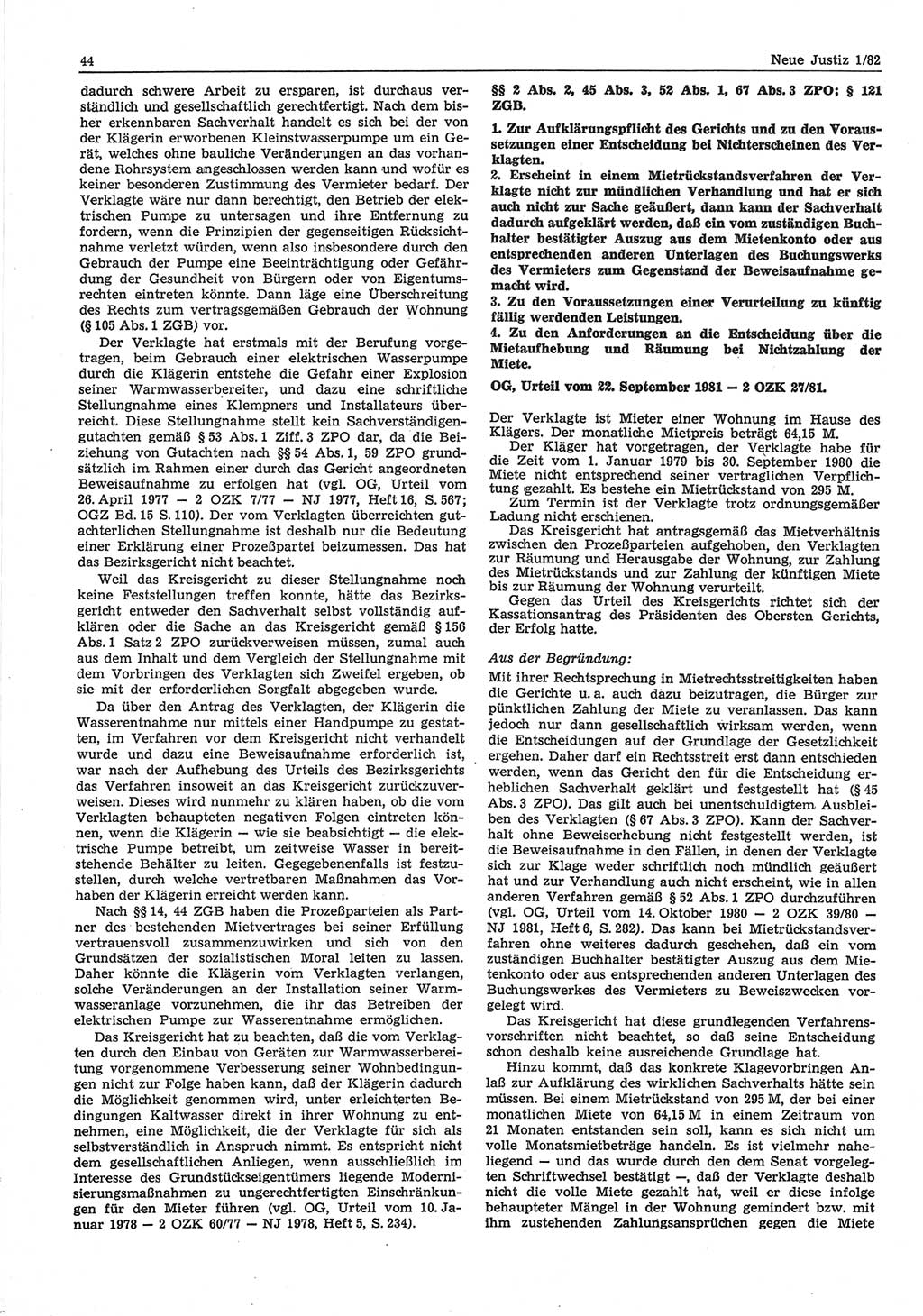 Neue Justiz (NJ), Zeitschrift für sozialistisches Recht und Gesetzlichkeit [Deutsche Demokratische Republik (DDR)], 36. Jahrgang 1982, Seite 44 (NJ DDR 1982, S. 44)