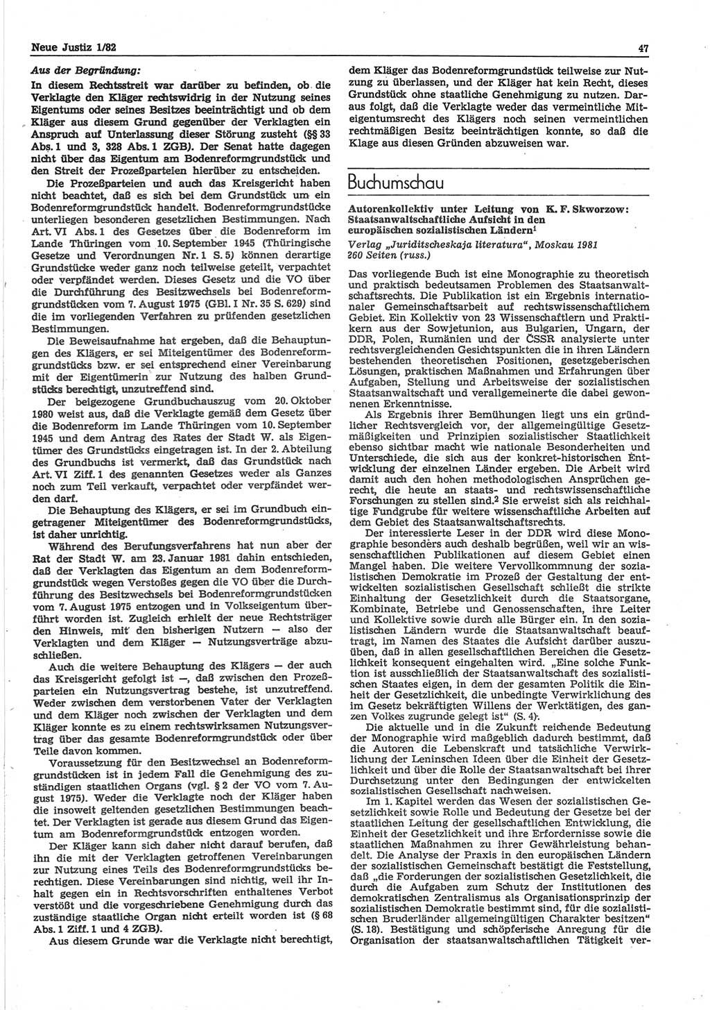 Neue Justiz (NJ), Zeitschrift für sozialistisches Recht und Gesetzlichkeit [Deutsche Demokratische Republik (DDR)], 36. Jahrgang 1982, Seite 47 (NJ DDR 1982, S. 47)