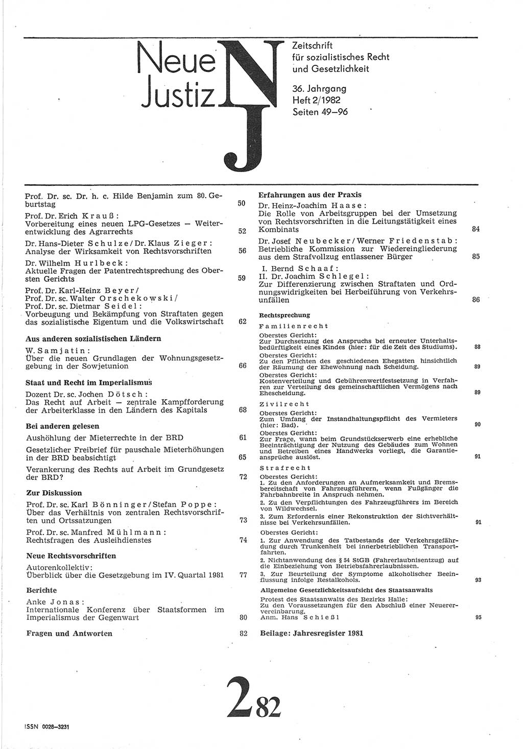 Neue Justiz (NJ), Zeitschrift für sozialistisches Recht und Gesetzlichkeit [Deutsche Demokratische Republik (DDR)], 36. Jahrgang 1982, Seite 49 (NJ DDR 1982, S. 49)