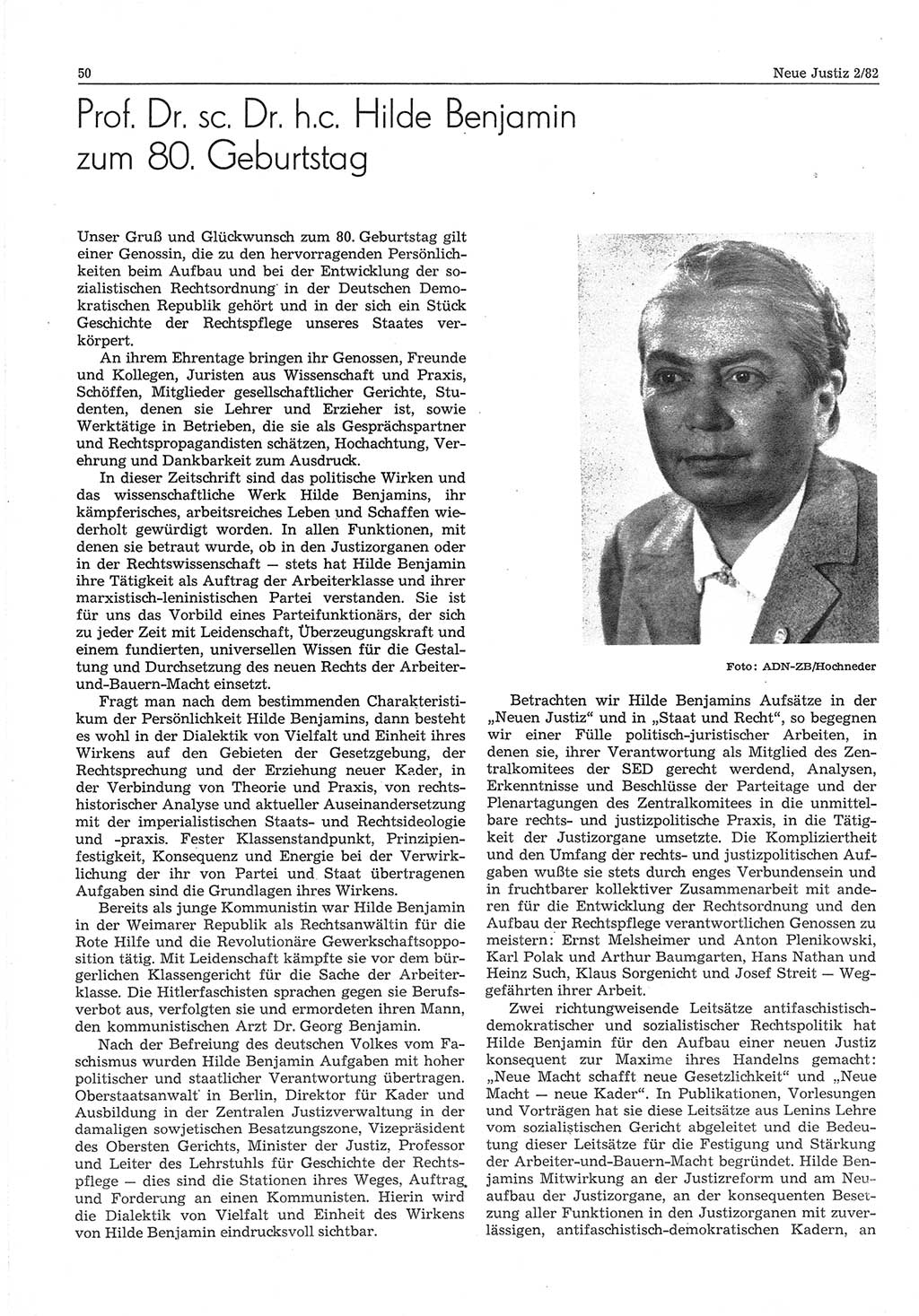 Neue Justiz (NJ), Zeitschrift für sozialistisches Recht und Gesetzlichkeit [Deutsche Demokratische Republik (DDR)], 36. Jahrgang 1982, Seite 50 (NJ DDR 1982, S. 50)