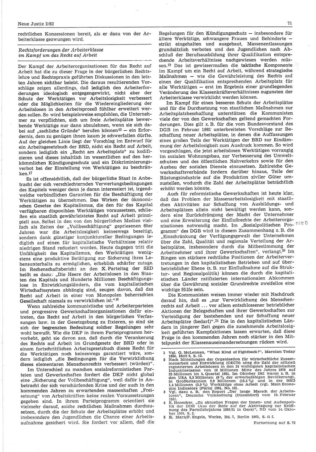 Neue Justiz (NJ), Zeitschrift für sozialistisches Recht und Gesetzlichkeit [Deutsche Demokratische Republik (DDR)], 36. Jahrgang 1982, Seite 71 (NJ DDR 1982, S. 71)