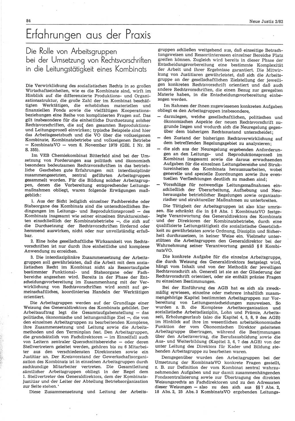 Neue Justiz (NJ), Zeitschrift für sozialistisches Recht und Gesetzlichkeit [Deutsche Demokratische Republik (DDR)], 36. Jahrgang 1982, Seite 84 (NJ DDR 1982, S. 84)