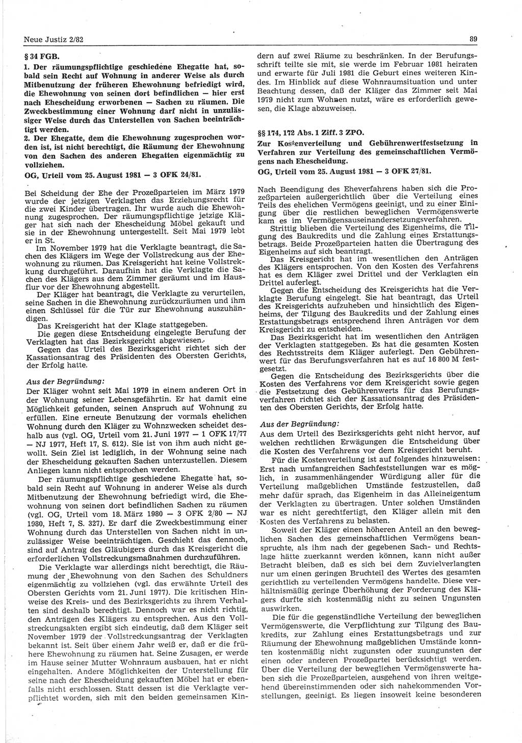 Neue Justiz (NJ), Zeitschrift für sozialistisches Recht und Gesetzlichkeit [Deutsche Demokratische Republik (DDR)], 36. Jahrgang 1982, Seite 89 (NJ DDR 1982, S. 89)