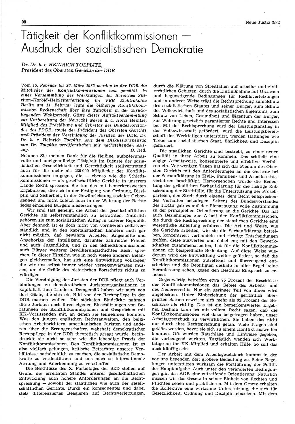 Neue Justiz (NJ), Zeitschrift für sozialistisches Recht und Gesetzlichkeit [Deutsche Demokratische Republik (DDR)], 36. Jahrgang 1982, Seite 98 (NJ DDR 1982, S. 98)