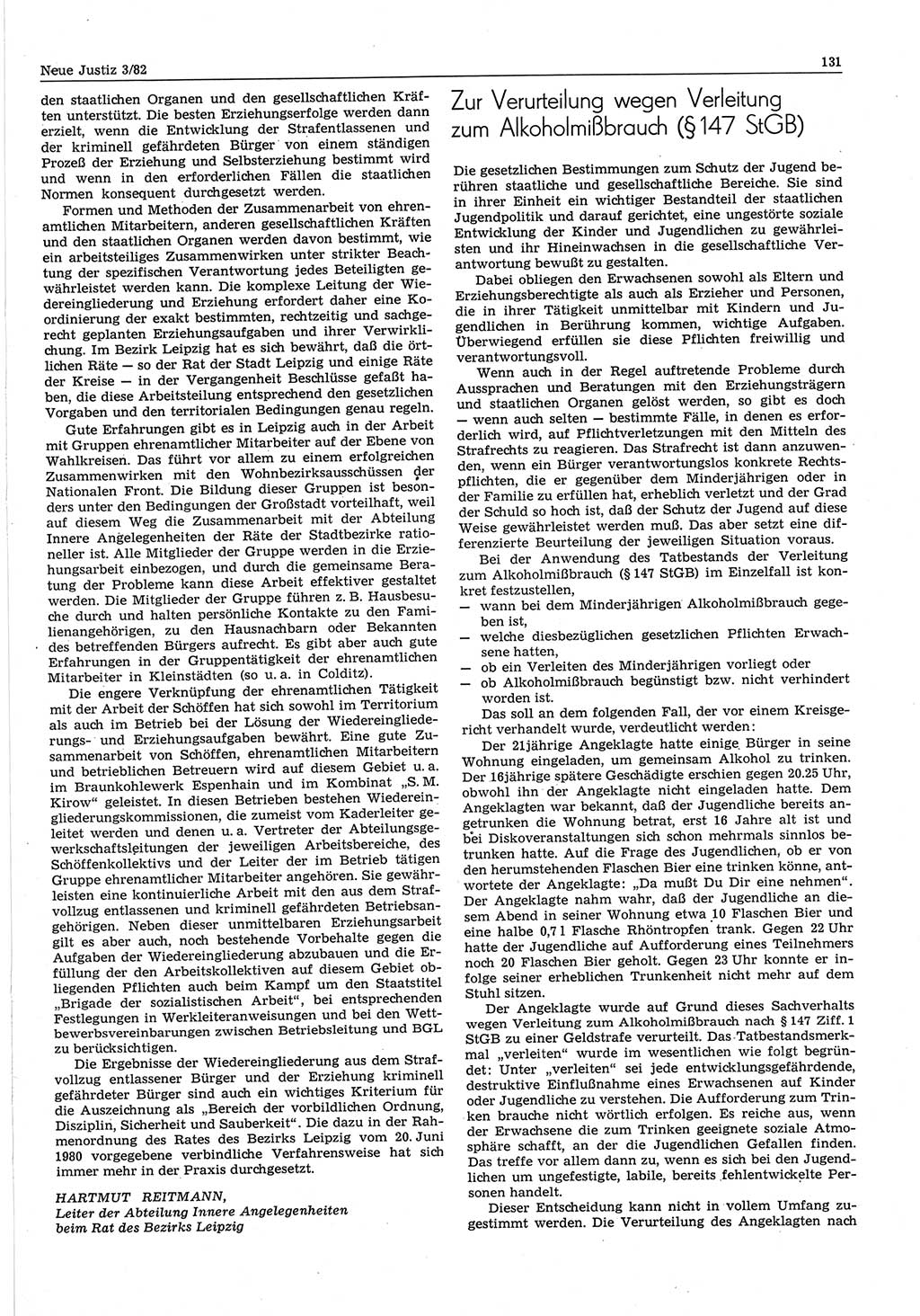 Neue Justiz (NJ), Zeitschrift für sozialistisches Recht und Gesetzlichkeit [Deutsche Demokratische Republik (DDR)], 36. Jahrgang 1982, Seite 131 (NJ DDR 1982, S. 131)