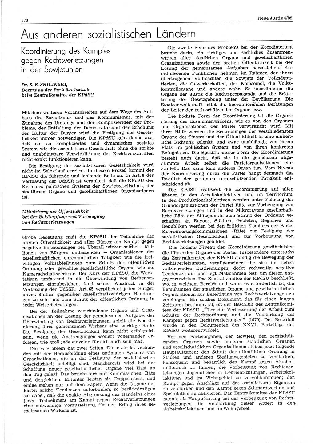 Neue Justiz (NJ), Zeitschrift für sozialistisches Recht und Gesetzlichkeit [Deutsche Demokratische Republik (DDR)], 36. Jahrgang 1982, Seite 170 (NJ DDR 1982, S. 170)