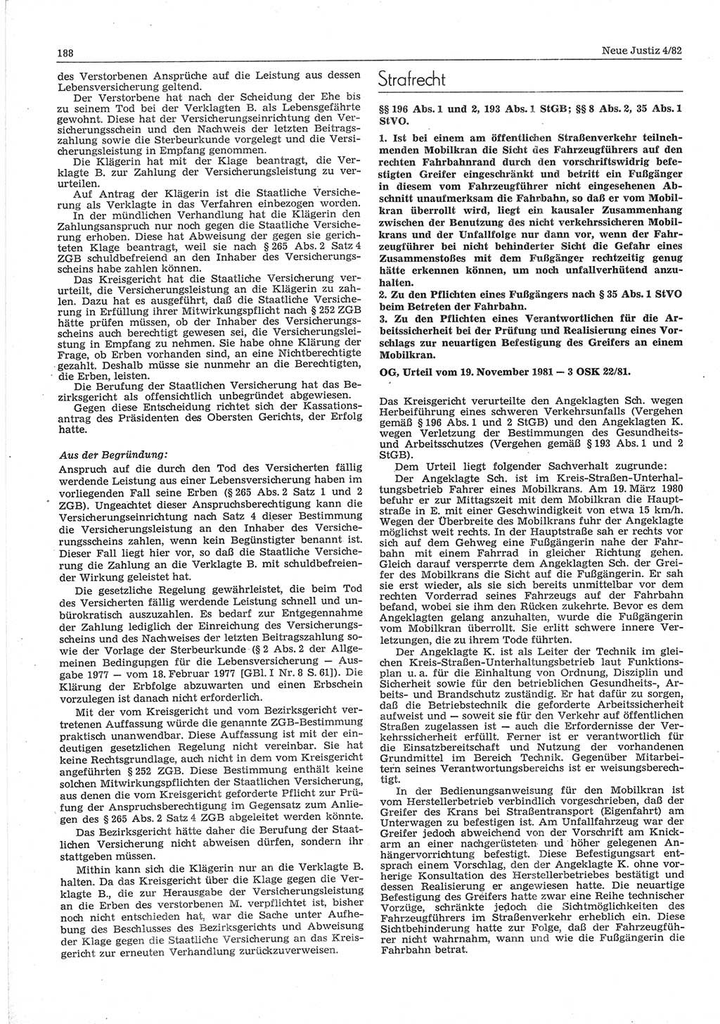 Neue Justiz (NJ), Zeitschrift für sozialistisches Recht und Gesetzlichkeit [Deutsche Demokratische Republik (DDR)], 36. Jahrgang 1982, Seite 188 (NJ DDR 1982, S. 188)
