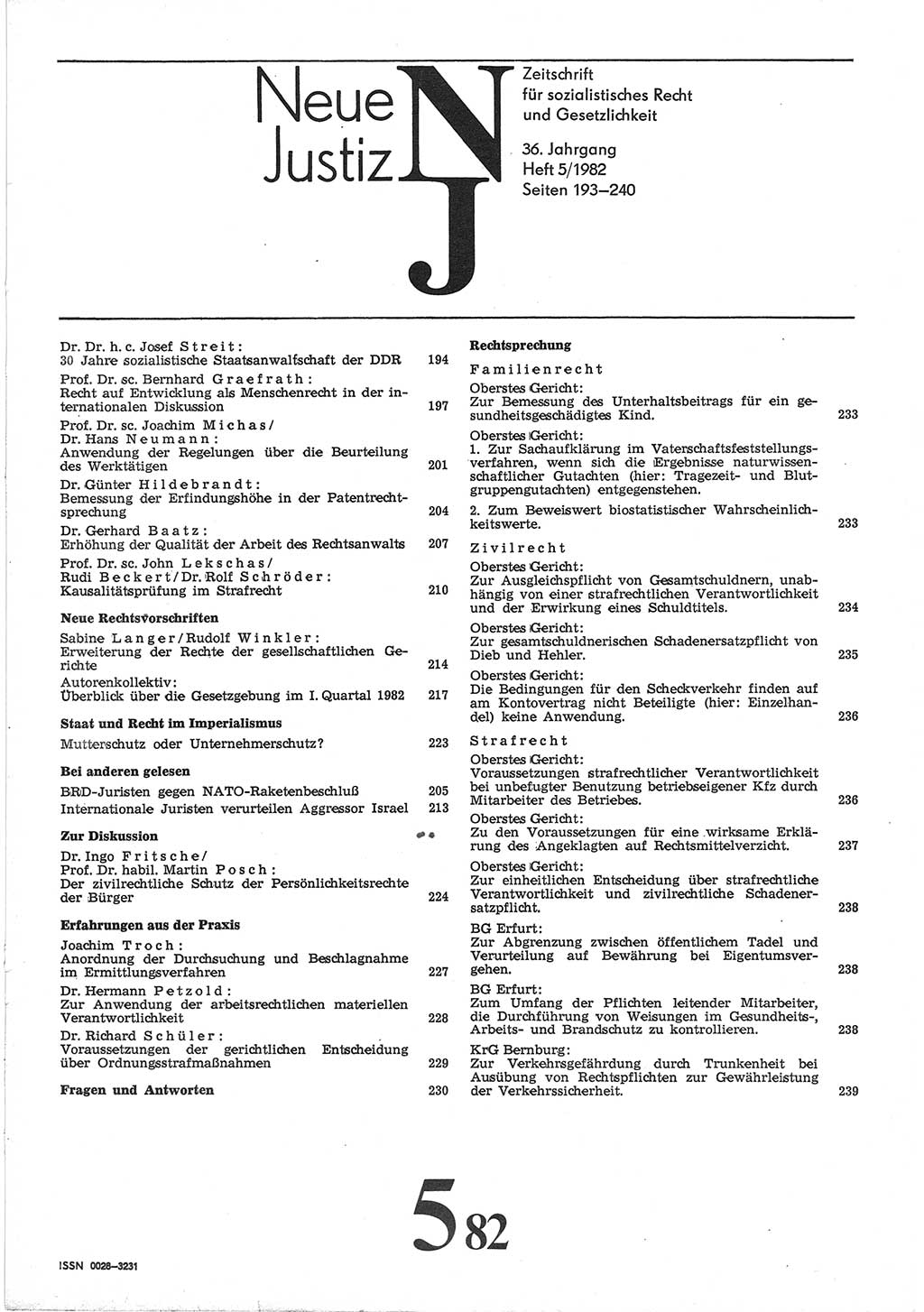 Neue Justiz (NJ), Zeitschrift für sozialistisches Recht und Gesetzlichkeit [Deutsche Demokratische Republik (DDR)], 36. Jahrgang 1982, Seite 193 (NJ DDR 1982, S. 193)