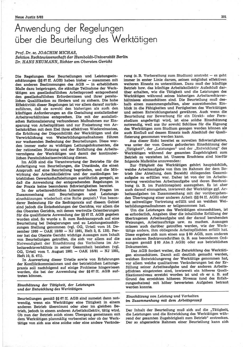 Neue Justiz (NJ), Zeitschrift für sozialistisches Recht und Gesetzlichkeit [Deutsche Demokratische Republik (DDR)], 36. Jahrgang 1982, Seite 201 (NJ DDR 1982, S. 201)
