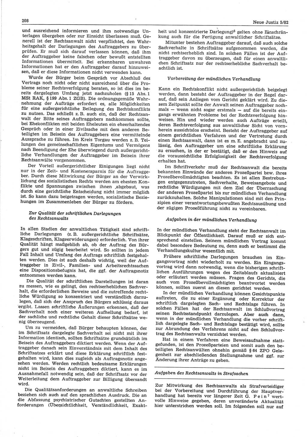 Neue Justiz (NJ), Zeitschrift für sozialistisches Recht und Gesetzlichkeit [Deutsche Demokratische Republik (DDR)], 36. Jahrgang 1982, Seite 208 (NJ DDR 1982, S. 208)