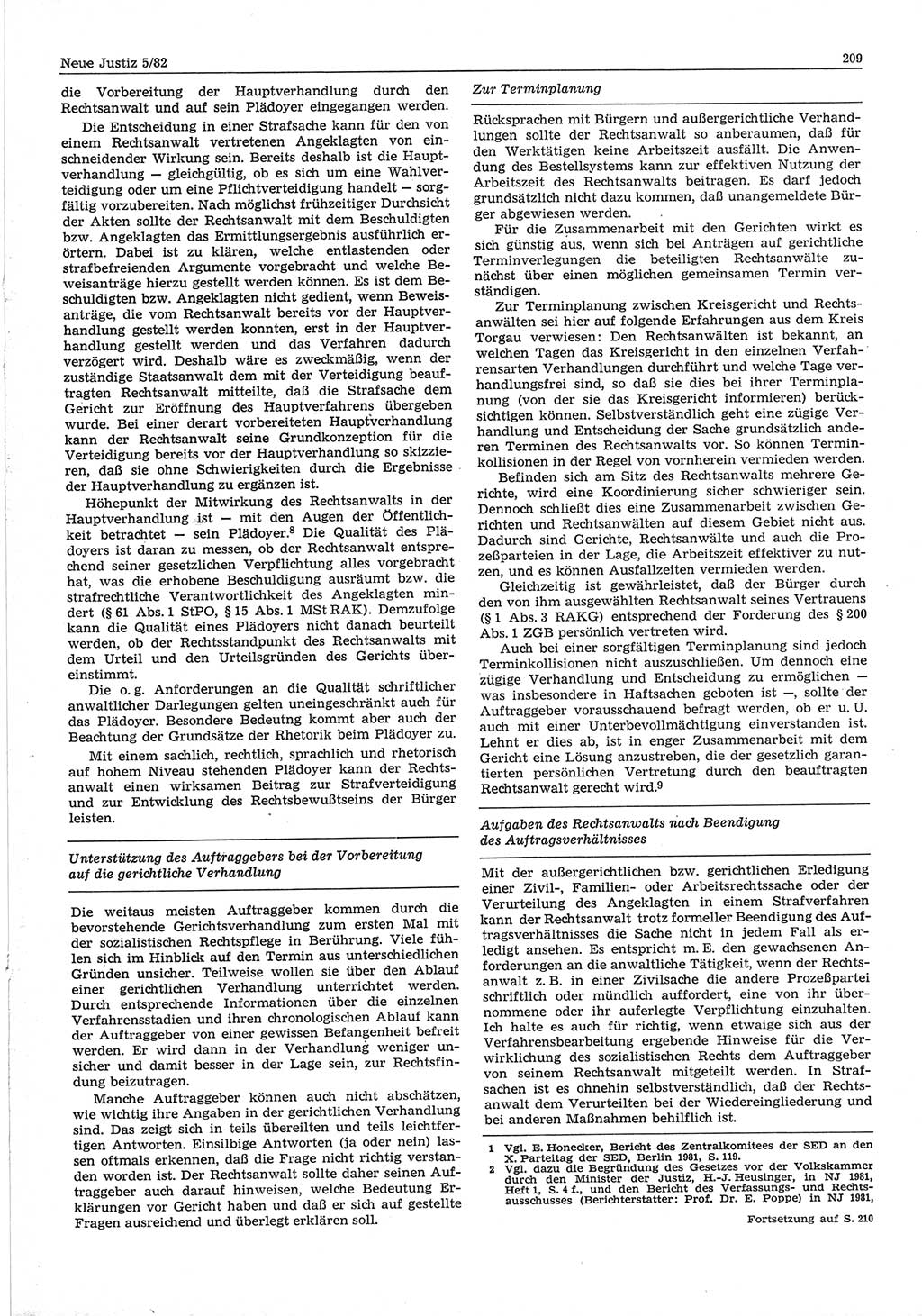 Neue Justiz (NJ), Zeitschrift für sozialistisches Recht und Gesetzlichkeit [Deutsche Demokratische Republik (DDR)], 36. Jahrgang 1982, Seite 209 (NJ DDR 1982, S. 209)