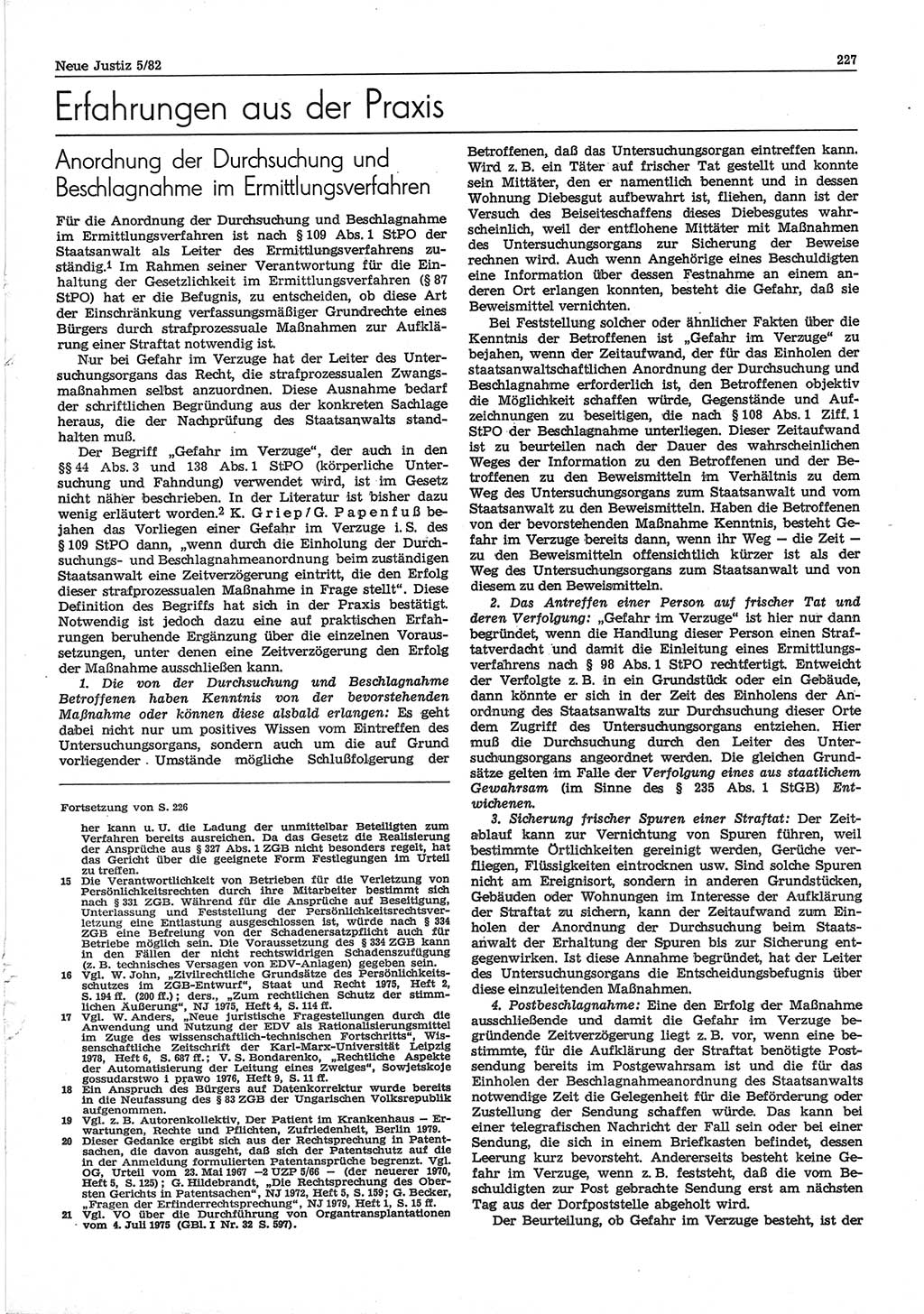 Neue Justiz (NJ), Zeitschrift für sozialistisches Recht und Gesetzlichkeit [Deutsche Demokratische Republik (DDR)], 36. Jahrgang 1982, Seite 227 (NJ DDR 1982, S. 227)