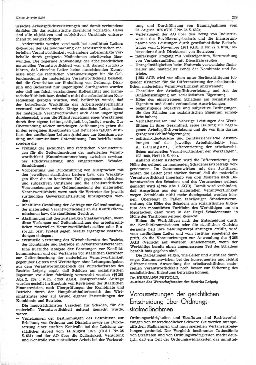 Neue Justiz (NJ), Zeitschrift für sozialistisches Recht und Gesetzlichkeit [Deutsche Demokratische Republik (DDR)], 36. Jahrgang 1982, Seite 229 (NJ DDR 1982, S. 229)