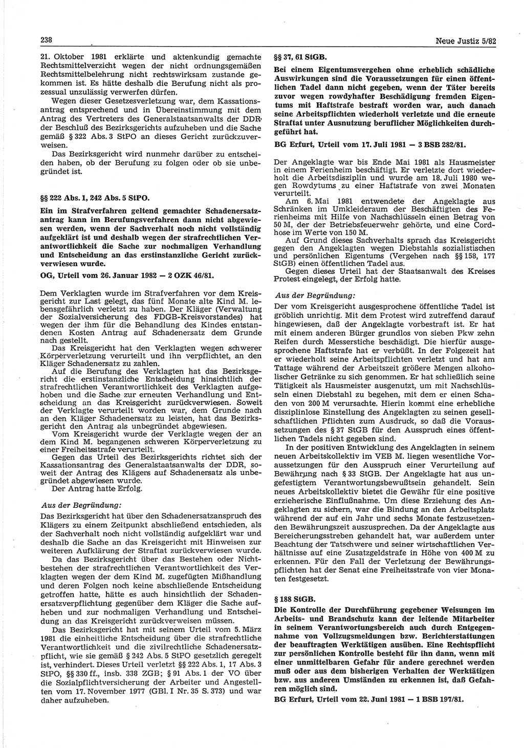 Neue Justiz (NJ), Zeitschrift für sozialistisches Recht und Gesetzlichkeit [Deutsche Demokratische Republik (DDR)], 36. Jahrgang 1982, Seite 238 (NJ DDR 1982, S. 238)