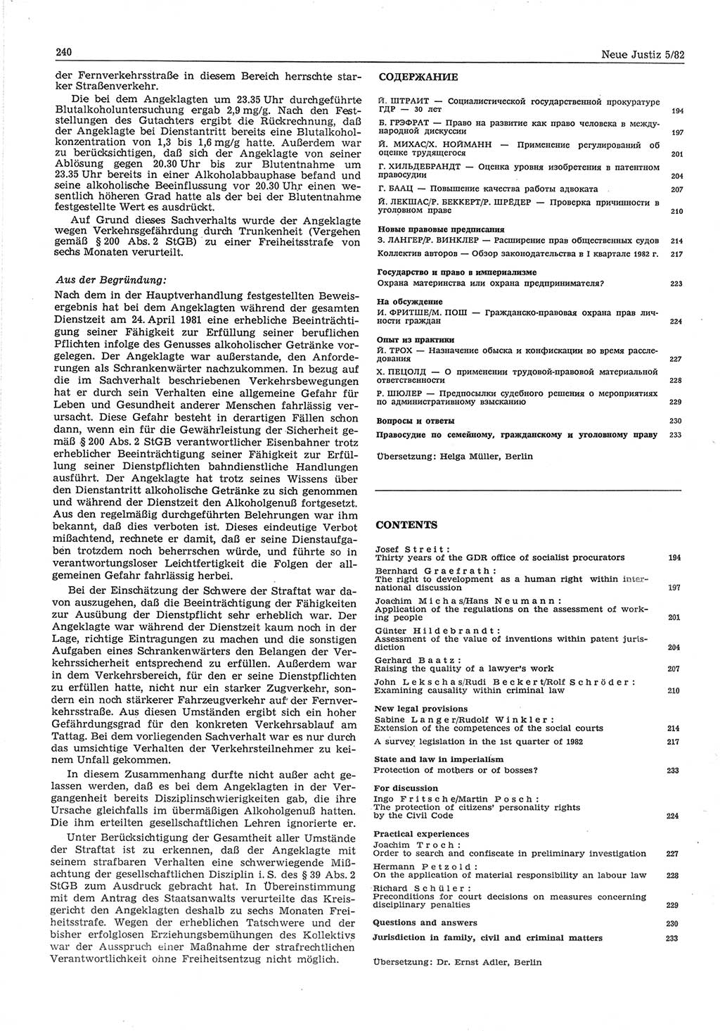 Neue Justiz (NJ), Zeitschrift für sozialistisches Recht und Gesetzlichkeit [Deutsche Demokratische Republik (DDR)], 36. Jahrgang 1982, Seite 240 (NJ DDR 1982, S. 240)