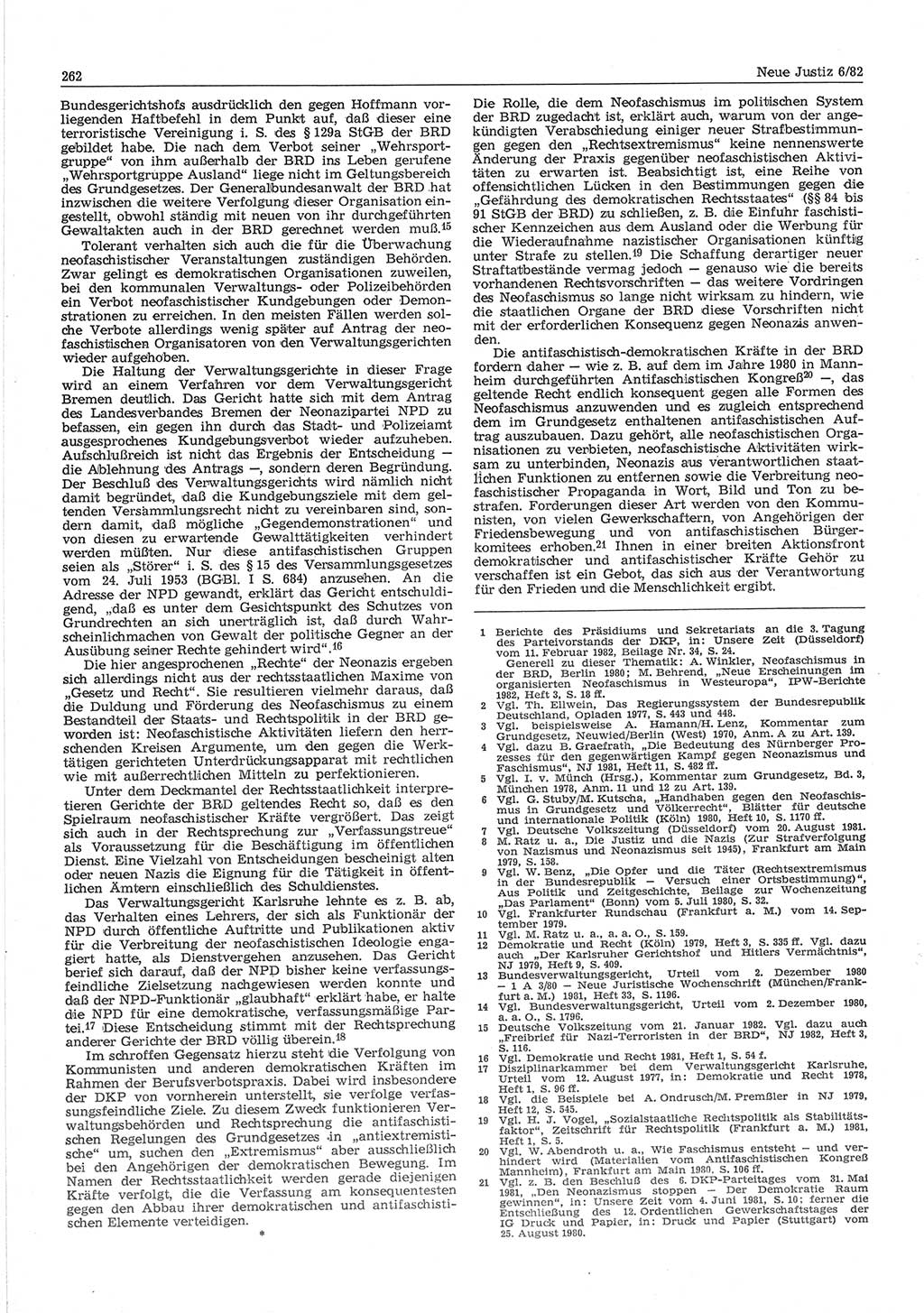 Neue Justiz (NJ), Zeitschrift für sozialistisches Recht und Gesetzlichkeit [Deutsche Demokratische Republik (DDR)], 36. Jahrgang 1982, Seite 262 (NJ DDR 1982, S. 262)