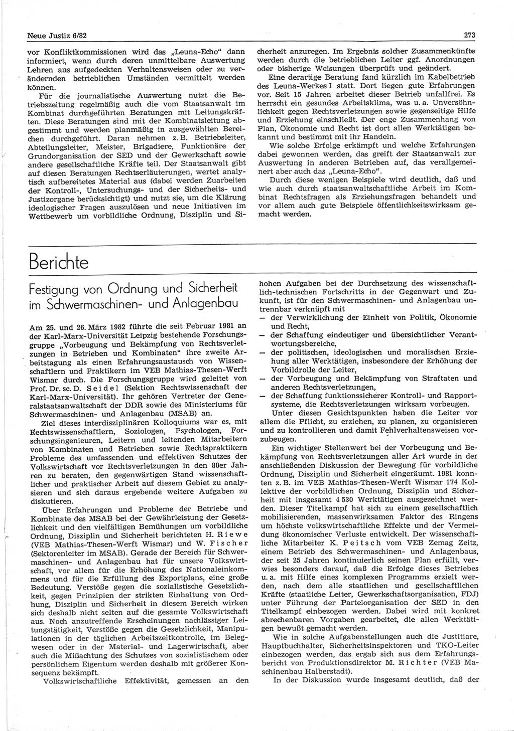 Neue Justiz (NJ), Zeitschrift für sozialistisches Recht und Gesetzlichkeit [Deutsche Demokratische Republik (DDR)], 36. Jahrgang 1982, Seite 273 (NJ DDR 1982, S. 273)