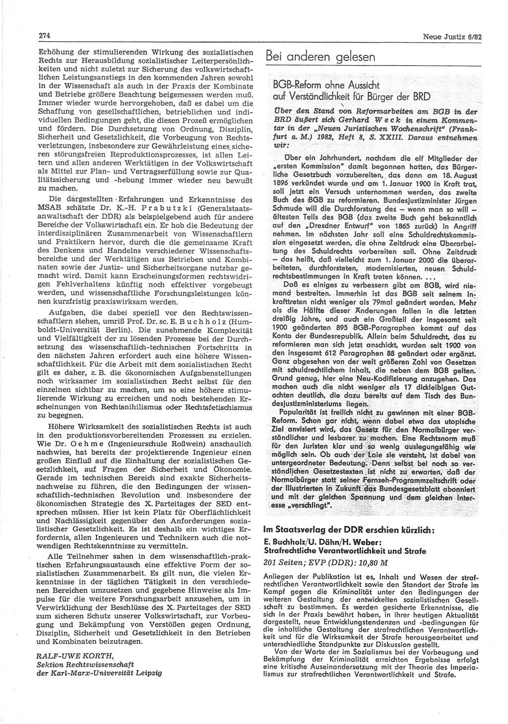 Neue Justiz (NJ), Zeitschrift für sozialistisches Recht und Gesetzlichkeit [Deutsche Demokratische Republik (DDR)], 36. Jahrgang 1982, Seite 274 (NJ DDR 1982, S. 274)