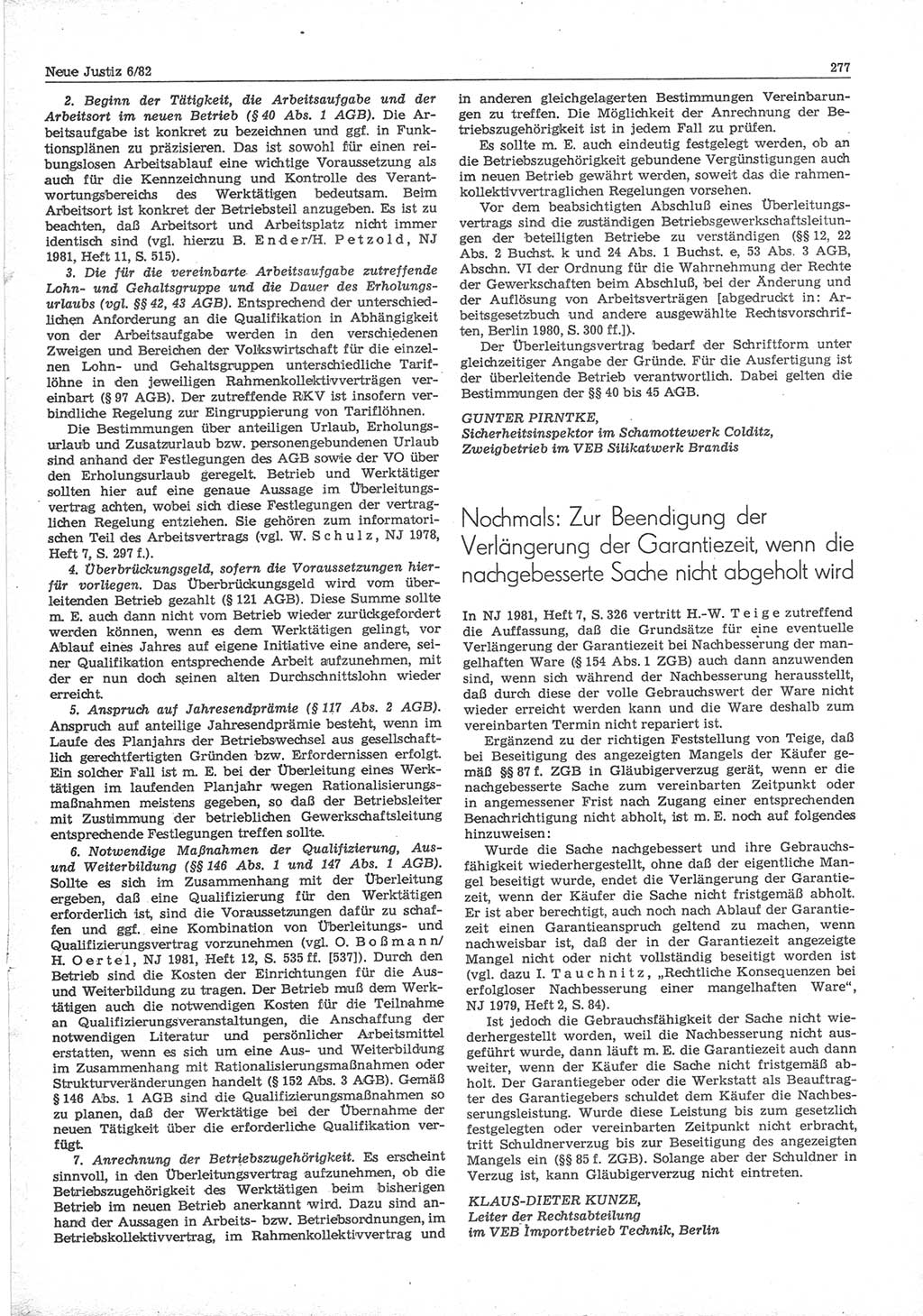 Neue Justiz (NJ), Zeitschrift für sozialistisches Recht und Gesetzlichkeit [Deutsche Demokratische Republik (DDR)], 36. Jahrgang 1982, Seite 277 (NJ DDR 1982, S. 277)