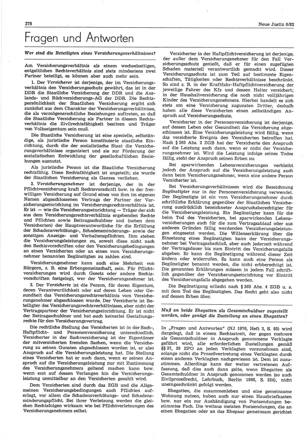 Neue Justiz (NJ), Zeitschrift für sozialistisches Recht und Gesetzlichkeit [Deutsche Demokratische Republik (DDR)], 36. Jahrgang 1982, Seite 278 (NJ DDR 1982, S. 278)