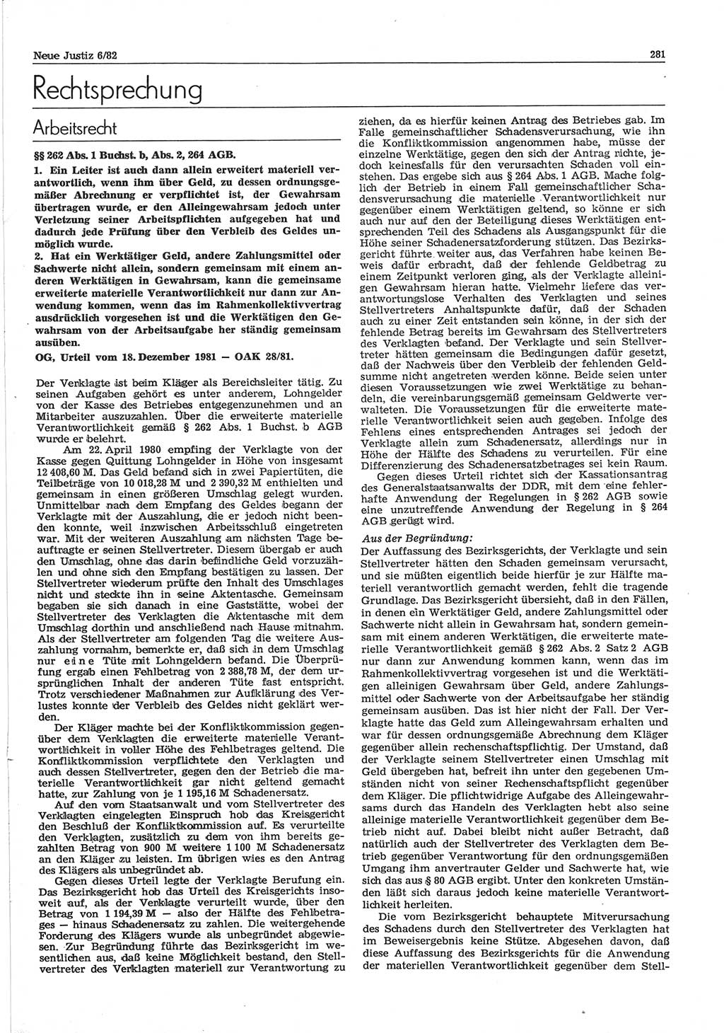 Neue Justiz (NJ), Zeitschrift für sozialistisches Recht und Gesetzlichkeit [Deutsche Demokratische Republik (DDR)], 36. Jahrgang 1982, Seite 281 (NJ DDR 1982, S. 281)