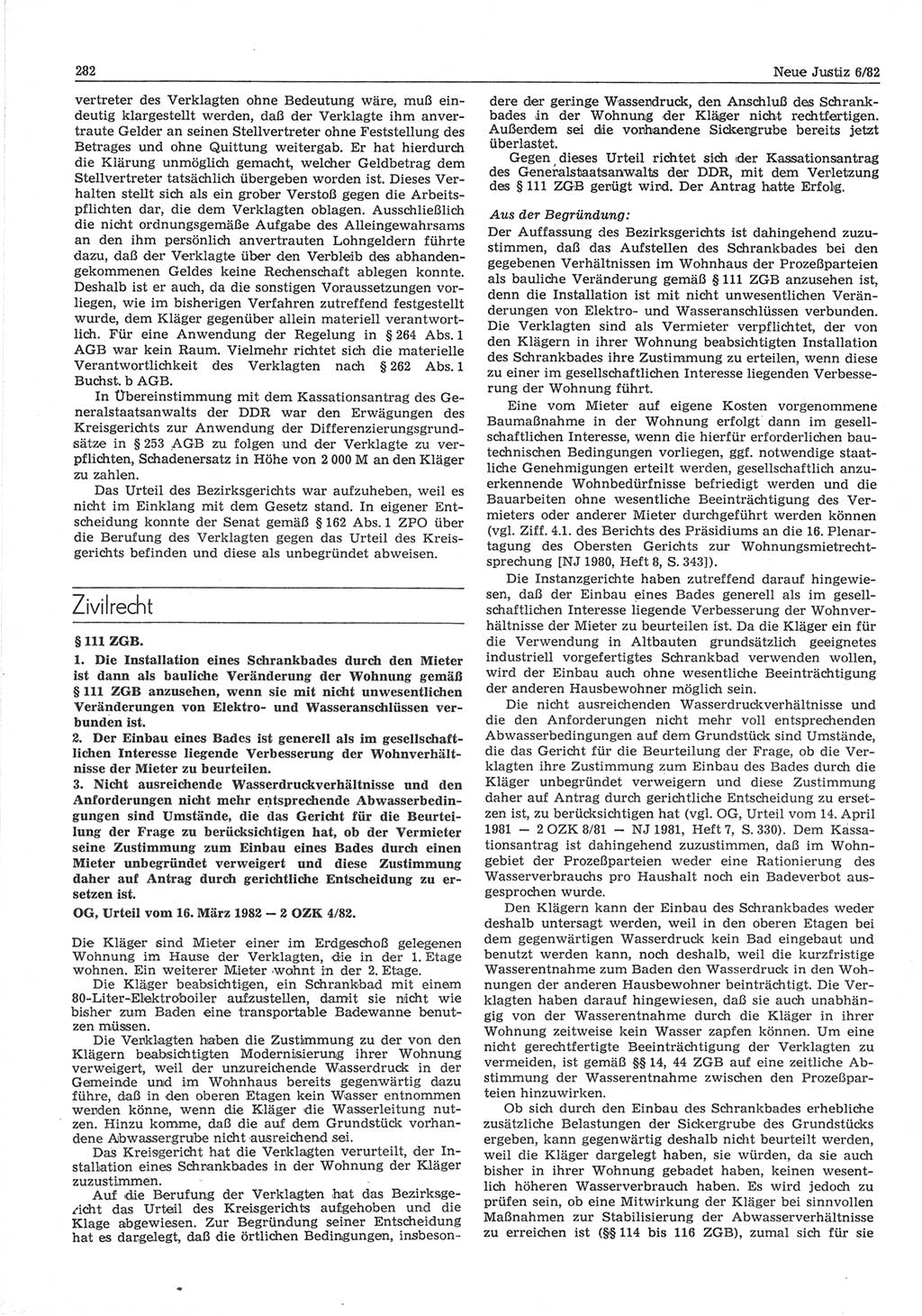 Neue Justiz (NJ), Zeitschrift für sozialistisches Recht und Gesetzlichkeit [Deutsche Demokratische Republik (DDR)], 36. Jahrgang 1982, Seite 282 (NJ DDR 1982, S. 282)