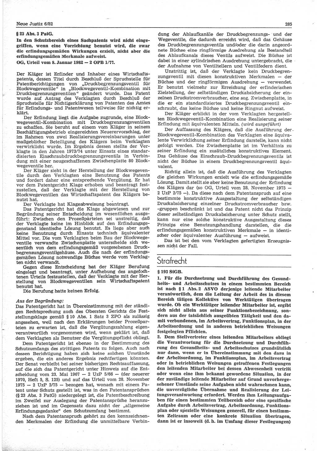 Neue Justiz (NJ), Zeitschrift für sozialistisches Recht und Gesetzlichkeit [Deutsche Demokratische Republik (DDR)], 36. Jahrgang 1982, Seite 285 (NJ DDR 1982, S. 285)
