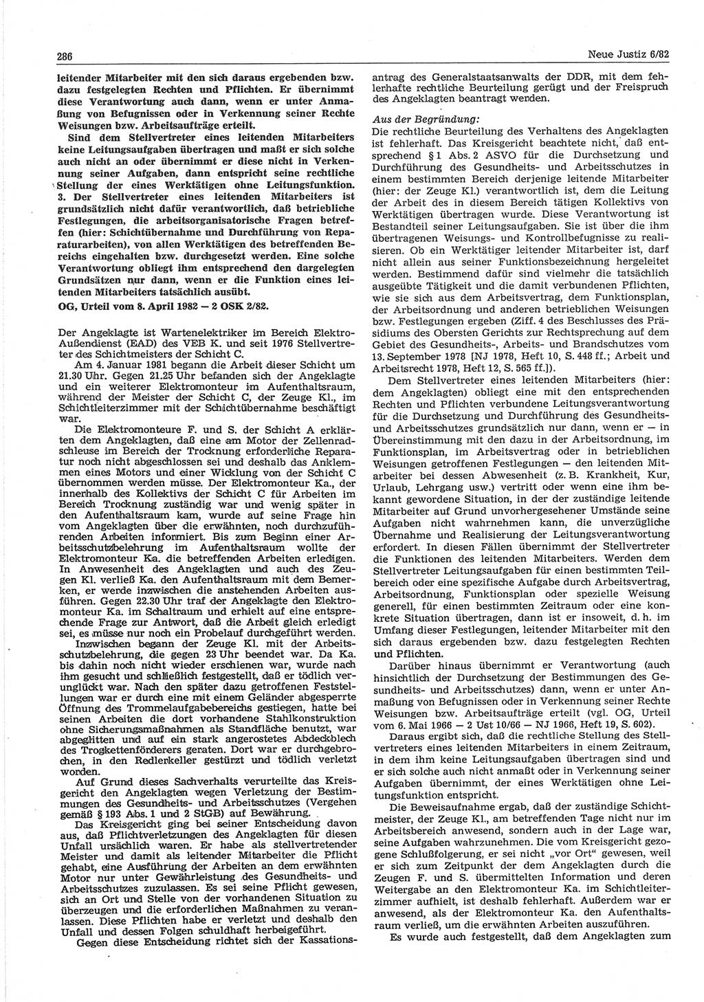 Neue Justiz (NJ), Zeitschrift für sozialistisches Recht und Gesetzlichkeit [Deutsche Demokratische Republik (DDR)], 36. Jahrgang 1982, Seite 286 (NJ DDR 1982, S. 286)