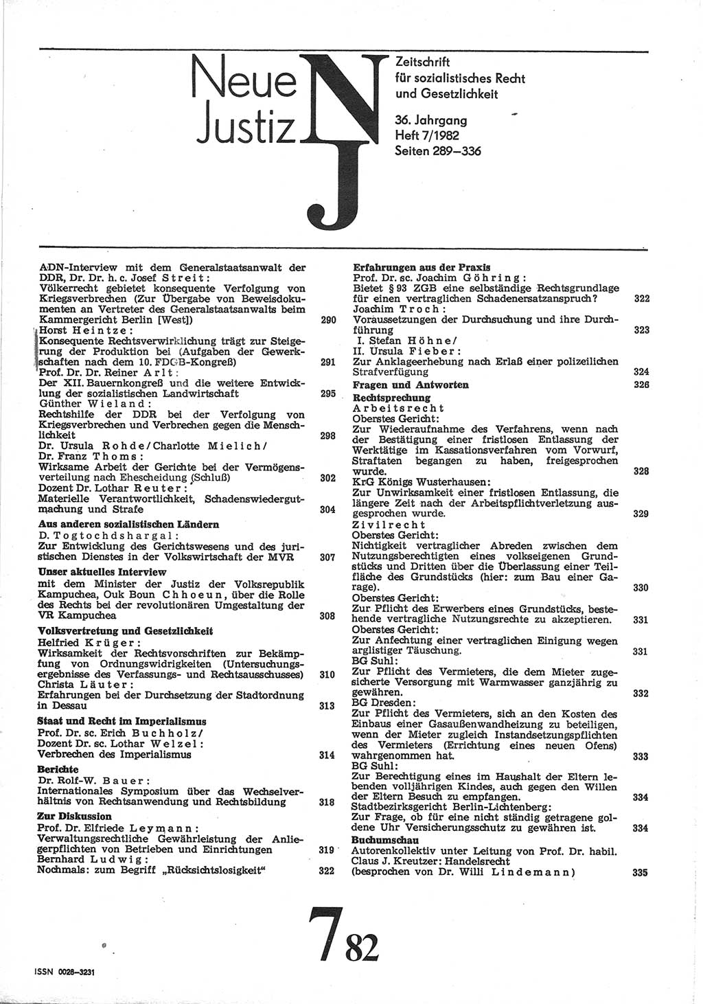 Neue Justiz (NJ), Zeitschrift für sozialistisches Recht und Gesetzlichkeit [Deutsche Demokratische Republik (DDR)], 36. Jahrgang 1982, Seite 289 (NJ DDR 1982, S. 289)