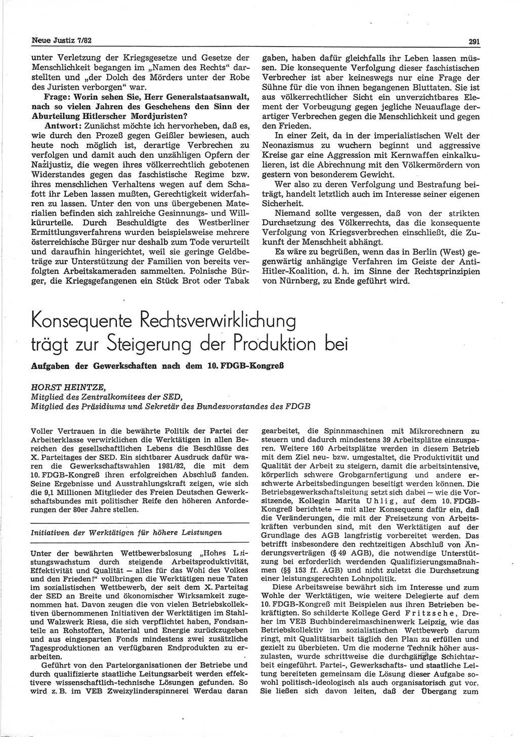 Neue Justiz (NJ), Zeitschrift für sozialistisches Recht und Gesetzlichkeit [Deutsche Demokratische Republik (DDR)], 36. Jahrgang 1982, Seite 291 (NJ DDR 1982, S. 291)