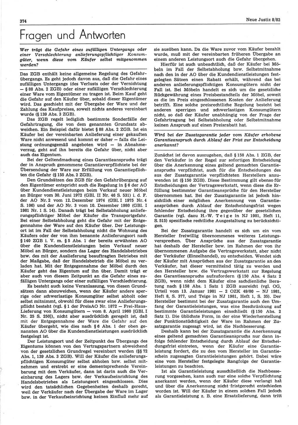 Neue Justiz (NJ), Zeitschrift für sozialistisches Recht und Gesetzlichkeit [Deutsche Demokratische Republik (DDR)], 36. Jahrgang 1982, Seite 374 (NJ DDR 1982, S. 374)