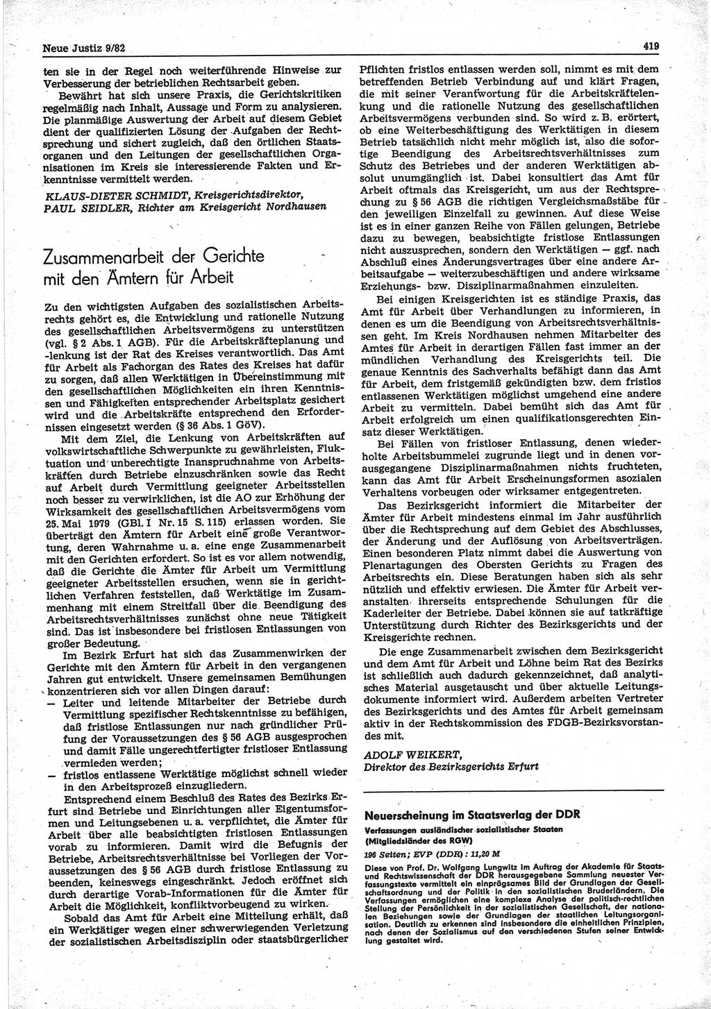 Neue Justiz (NJ), Zeitschrift für sozialistisches Recht und Gesetzlichkeit [Deutsche Demokratische Republik (DDR)], 36. Jahrgang 1982, Seite 419 (NJ DDR 1982, S. 419)