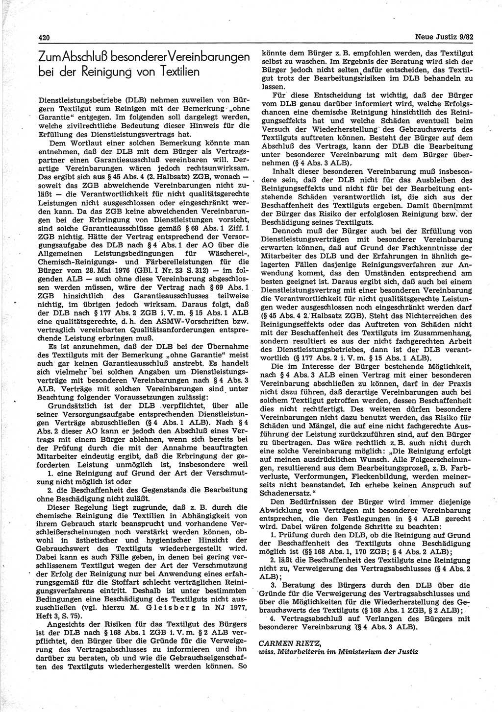 Neue Justiz (NJ), Zeitschrift für sozialistisches Recht und Gesetzlichkeit [Deutsche Demokratische Republik (DDR)], 36. Jahrgang 1982, Seite 420 (NJ DDR 1982, S. 420)