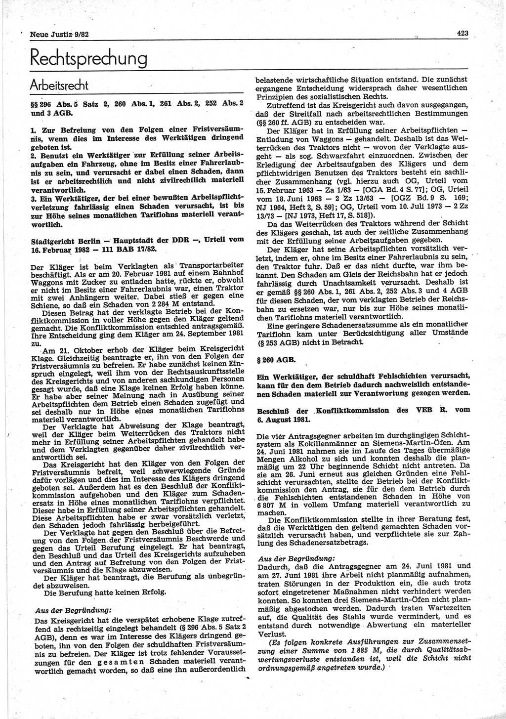 Neue Justiz (NJ), Zeitschrift für sozialistisches Recht und Gesetzlichkeit [Deutsche Demokratische Republik (DDR)], 36. Jahrgang 1982, Seite 423 (NJ DDR 1982, S. 423)