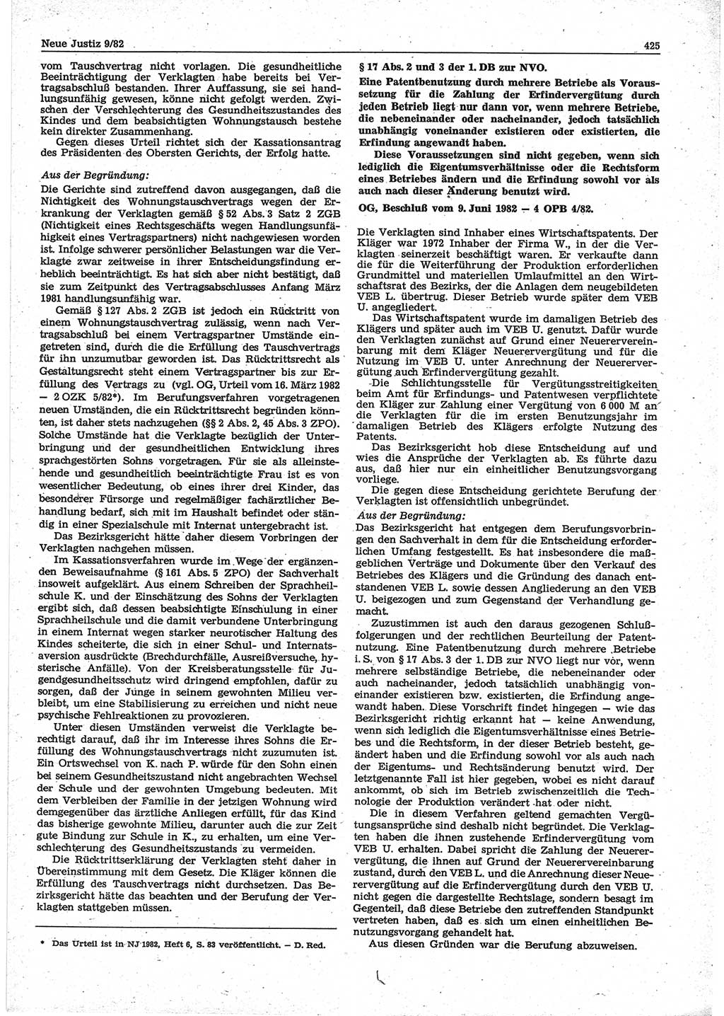 Neue Justiz (NJ), Zeitschrift für sozialistisches Recht und Gesetzlichkeit [Deutsche Demokratische Republik (DDR)], 36. Jahrgang 1982, Seite 425 (NJ DDR 1982, S. 425)