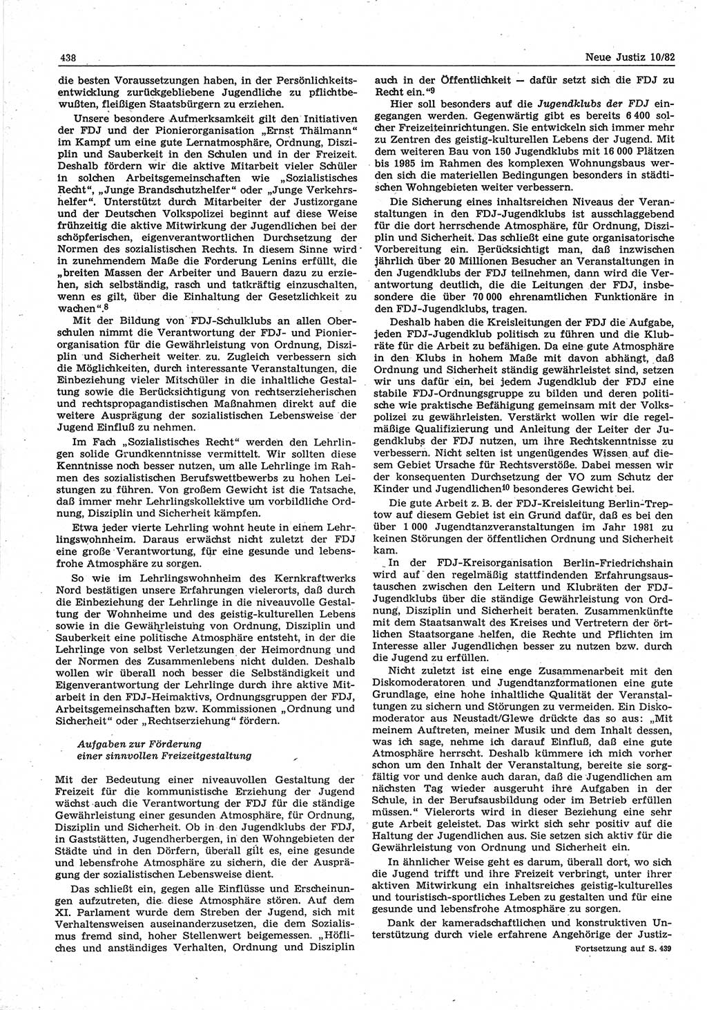 Neue Justiz (NJ), Zeitschrift für sozialistisches Recht und Gesetzlichkeit [Deutsche Demokratische Republik (DDR)], 36. Jahrgang 1982, Seite 438 (NJ DDR 1982, S. 438)