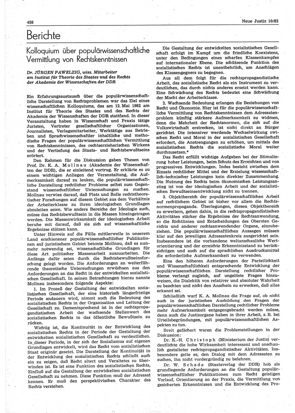 Neue Justiz (NJ), Zeitschrift für sozialistisches Recht und Gesetzlichkeit [Deutsche Demokratische Republik (DDR)], 36. Jahrgang 1982, Seite 458 (NJ DDR 1982, S. 458)