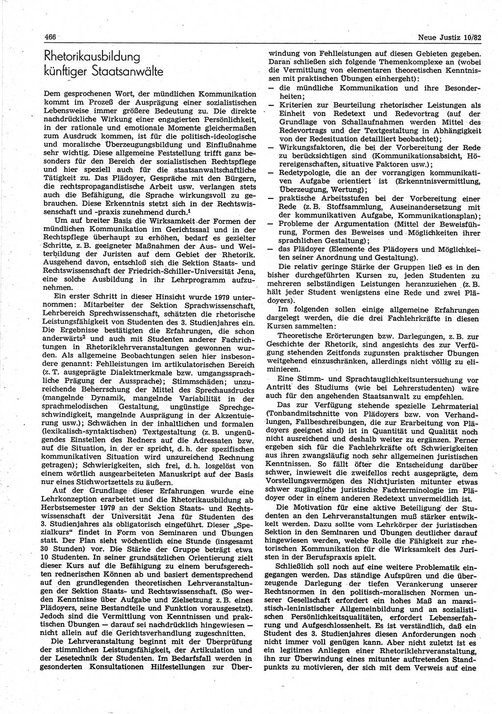 Neue Justiz (NJ), Zeitschrift für sozialistisches Recht und Gesetzlichkeit [Deutsche Demokratische Republik (DDR)], 36. Jahrgang 1982, Seite 466 (NJ DDR 1982, S. 466)