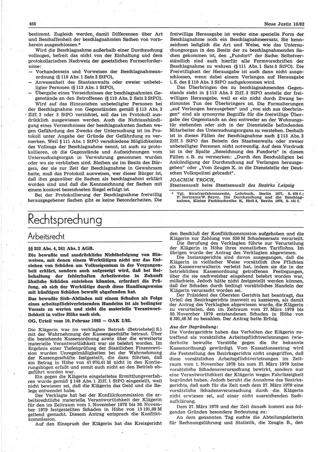 Neue Justiz (NJ), Zeitschrift für sozialistisches Recht und Gesetzlichkeit [Deutsche Demokratische Republik (DDR)], 36. Jahrgang 1982, Seite 468 (NJ DDR 1982, S. 468)
