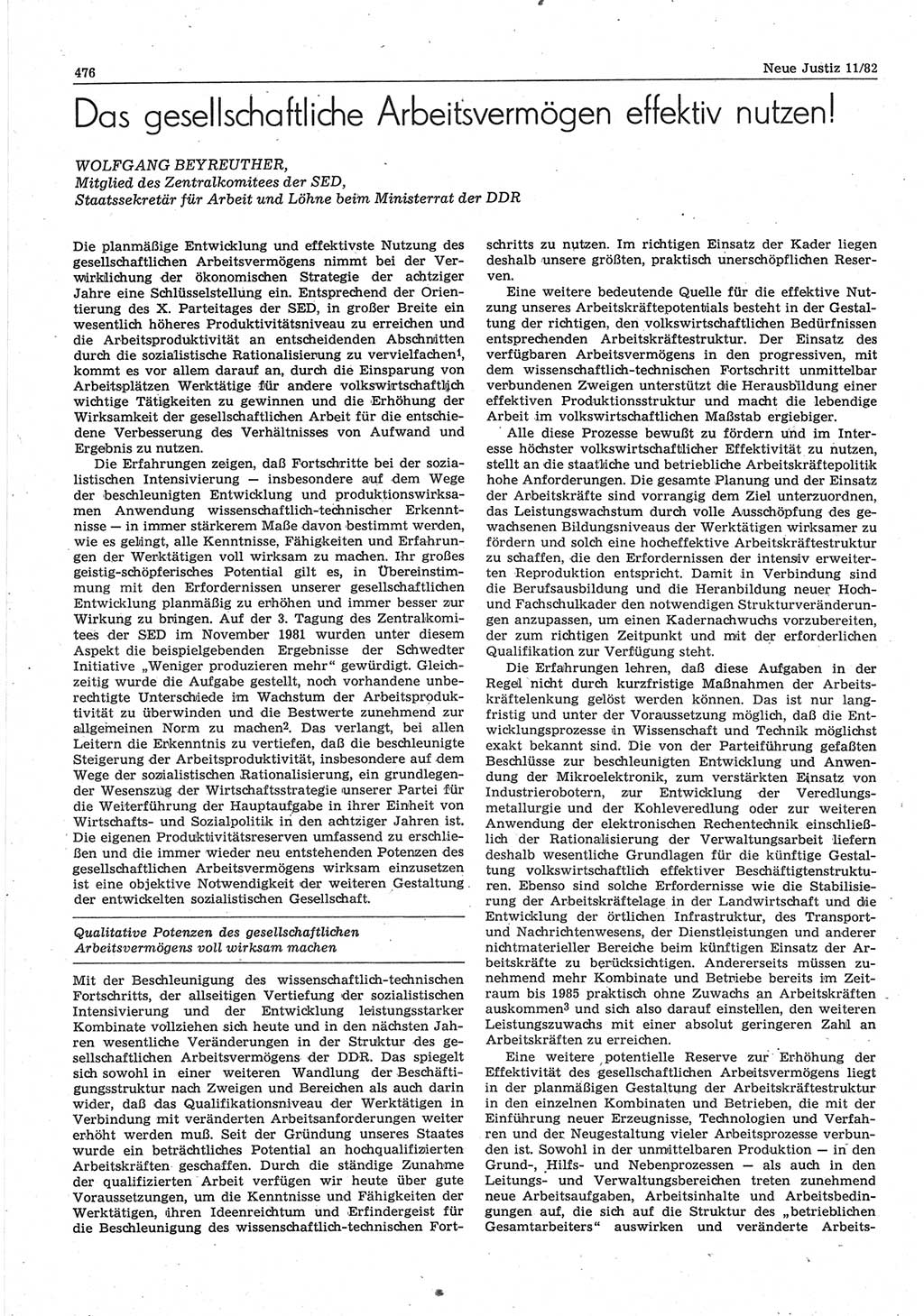 Neue Justiz (NJ), Zeitschrift für sozialistisches Recht und Gesetzlichkeit [Deutsche Demokratische Republik (DDR)], 36. Jahrgang 1982, Seite 476 (NJ DDR 1982, S. 476)